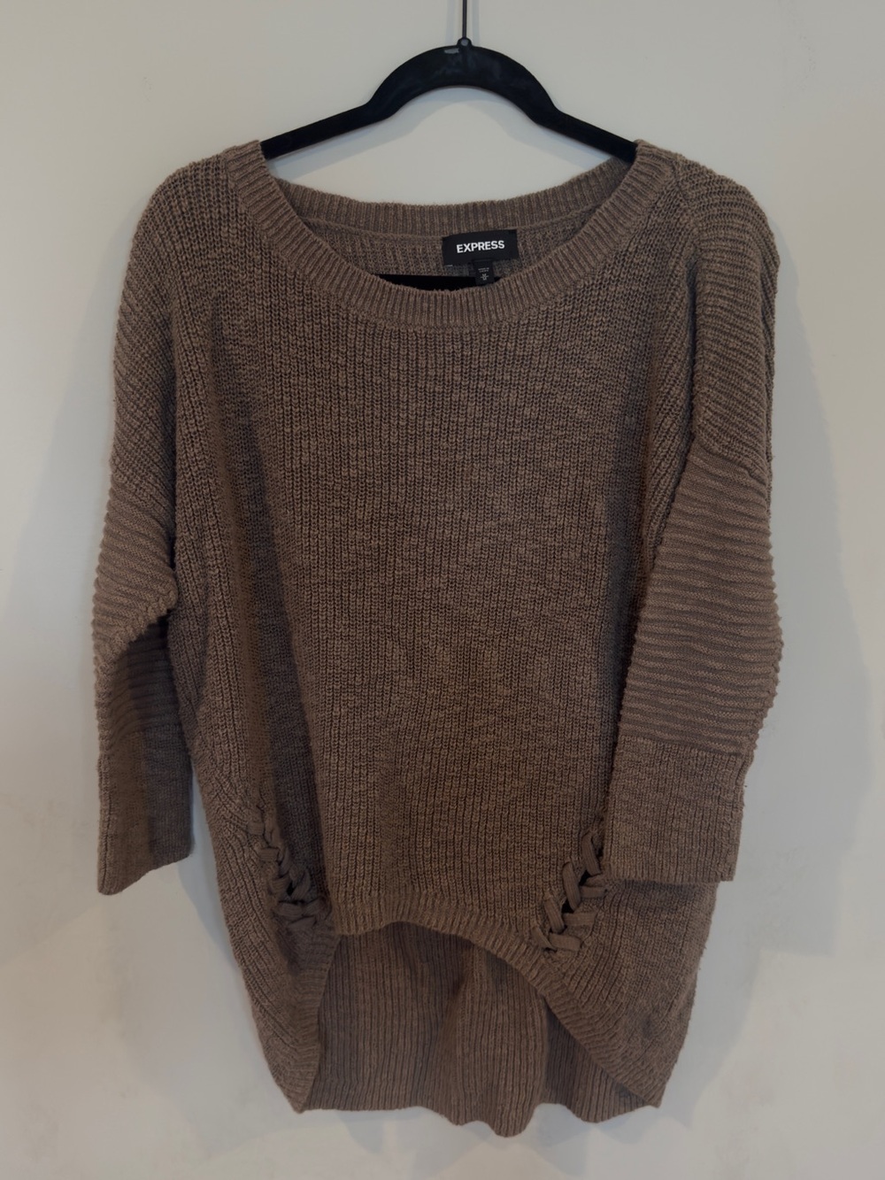 Express Taupe Crewneck Sweater with Side Lattice Detail